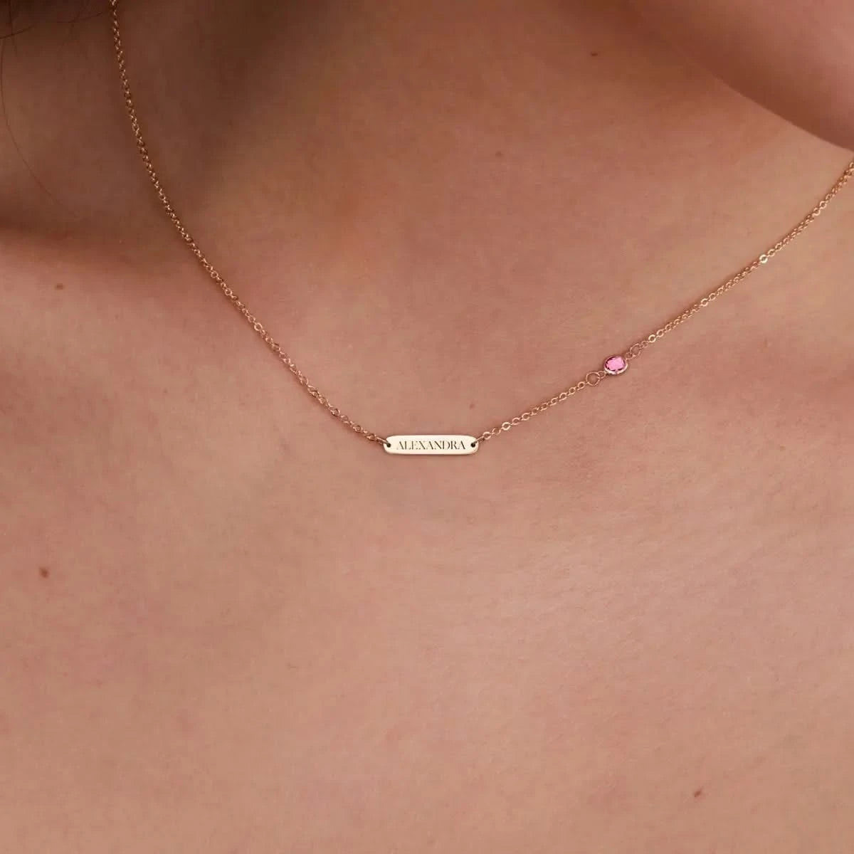 1 Nameplate & 1 Petite Pink Sapphire Necklace in 14k Gold (October)