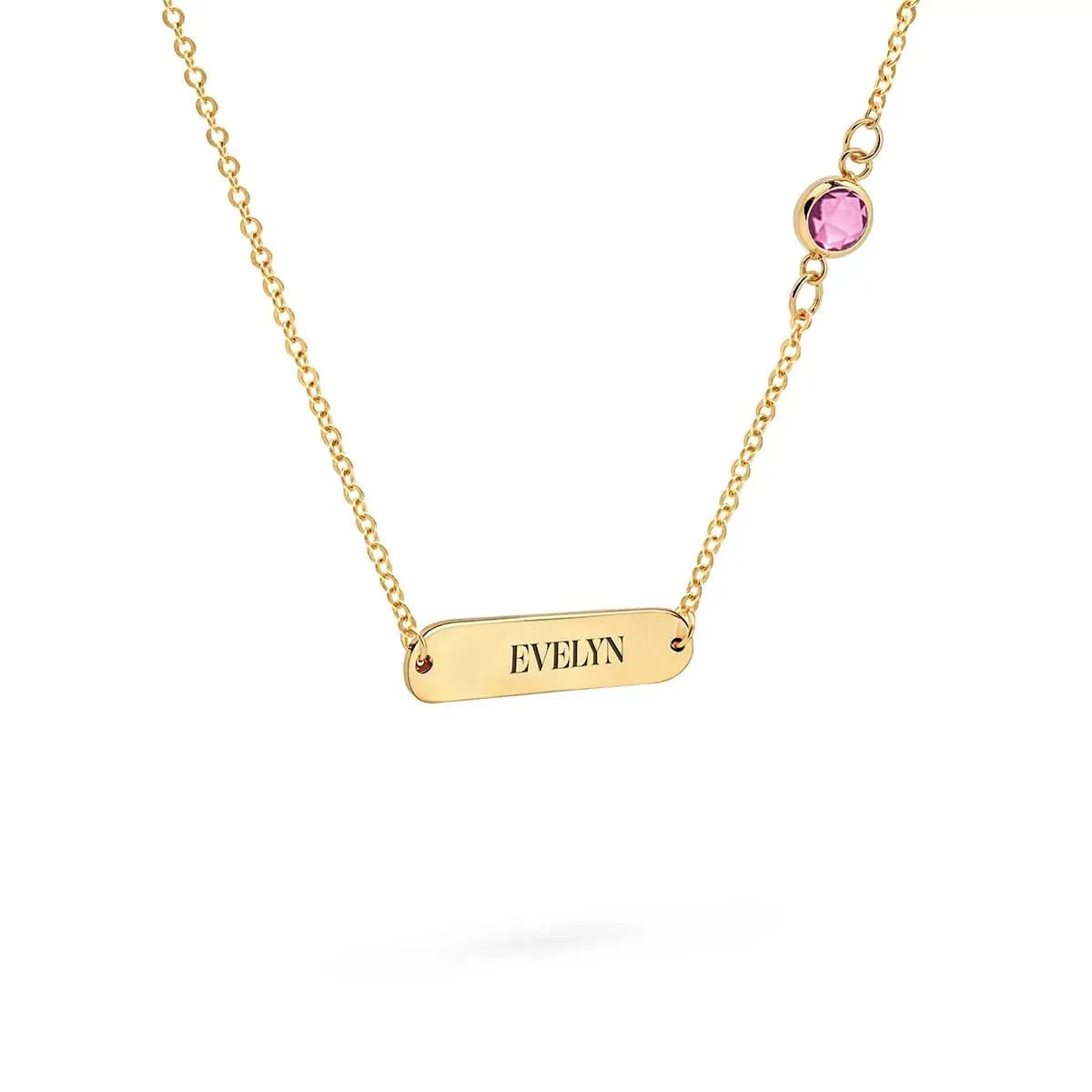 1 Nameplate & 1 Petite Pink Sapphire Necklace in 14k Gold (October)