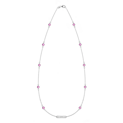 Pink Awareness LOVE & 10 Petite Pink Sapphire Necklace in 14k Gold - White Gold