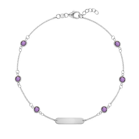 1 Nameplate & 6 Petite Amethyst Bracelet in 14k Gold (February) - White Gold