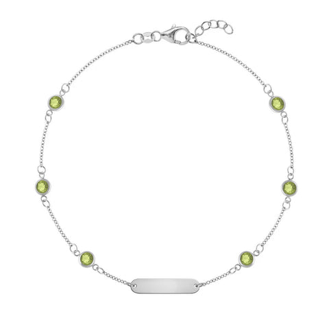 1 Nameplate & 6 Petite Peridot Bracelet in 14k Gold (August) - White Gold