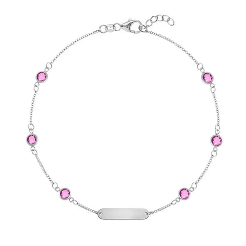 1 Nameplate & 6 Petite Pink Sapphire Bracelet in 14k Gold (October) - White Gold