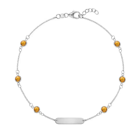 1 Nameplate & 6 Petite Citrine Bracelet in 14k Gold (November) - White Gold