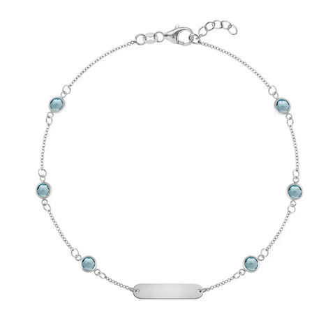 1 Nameplate & 6 Petite Nantucket Blue Topaz Bracelet in 14k Gold (December) - White Gold