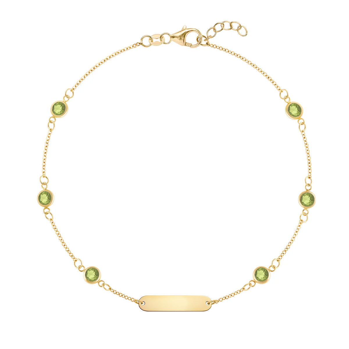 1 Nameplate & 6 Petite Peridot Bracelet in 14k Gold (August)