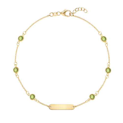 1 Nameplate & 6 Petite Peridot Bracelet in 14k Gold (August)