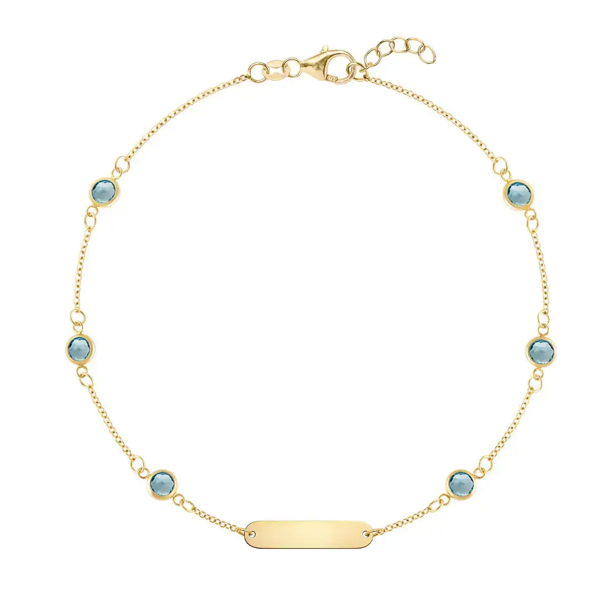 1 Nameplate & 6 Petite Nantucket Blue Topaz Bracelet in 14k Gold (December)