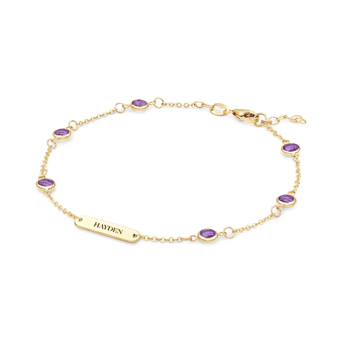 1 Nameplate & 6 Petite Amethyst Bracelet in 14k Gold (February)