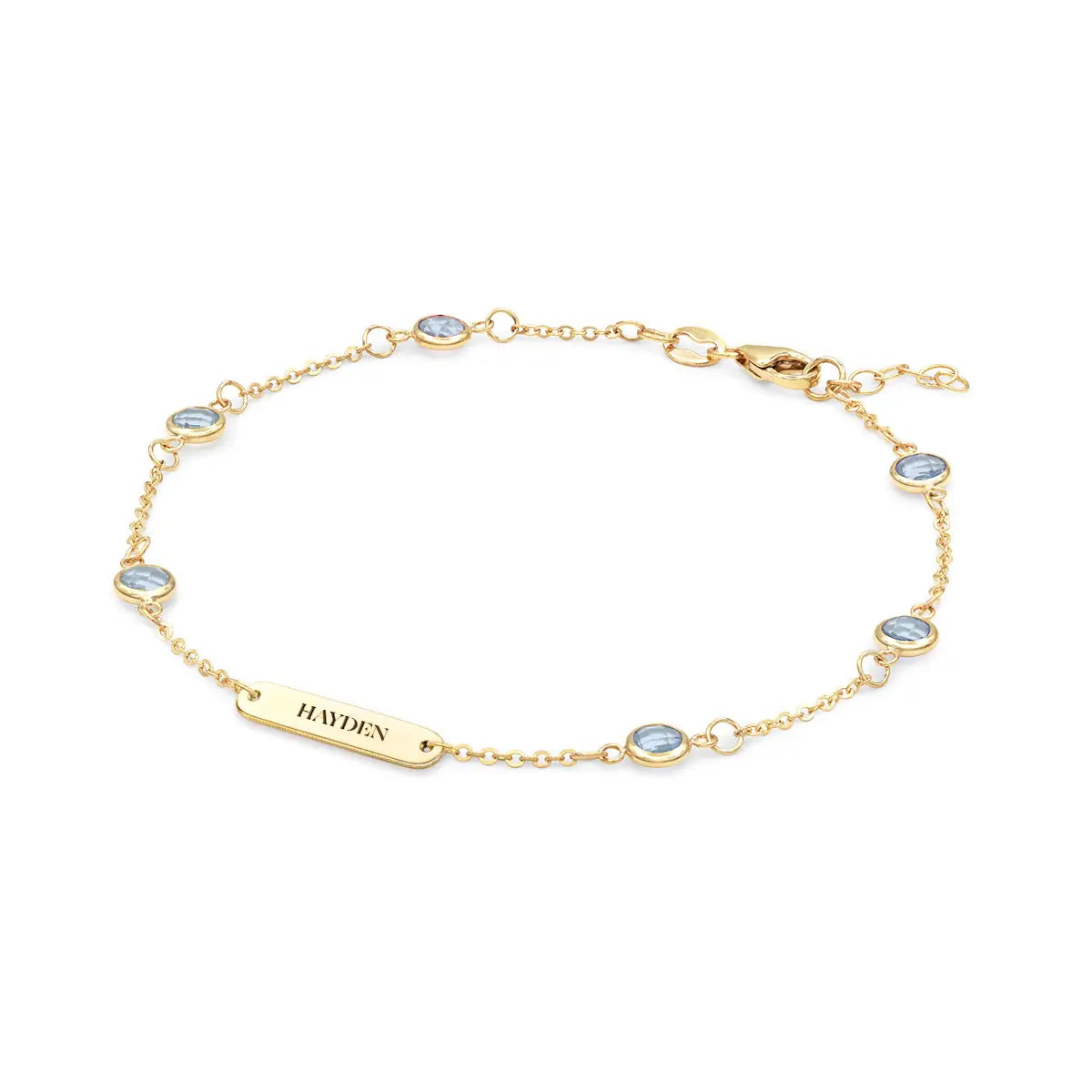 1 Nameplate & 6 Petite Aquamarine Bracelet in 14k Gold (March)