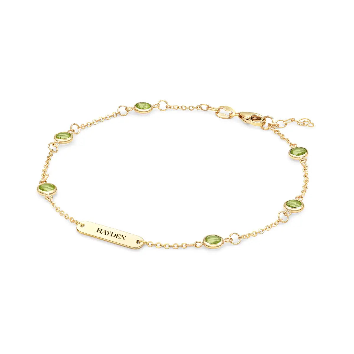 1 Nameplate & 6 Petite Peridot Bracelet in 14k Gold (August)