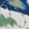 Sunset necklace featuring seven alternating 4mm citrine and pink tourmaline bezel set gemstones on a 1.17mm cable chain.