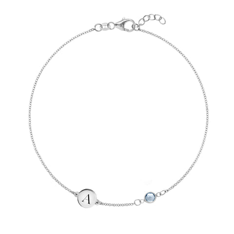 1 Letter & 1 Petite Aquamarine Bracelet in 14k Gold (March) - White Gold