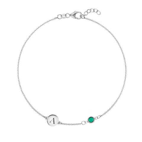 1 Letter & 1 Petite Emerald Bracelet in 14k Gold (May) - White Gold