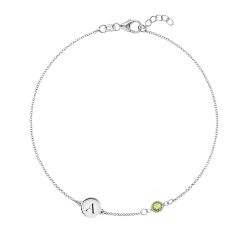 1 Letter & 1 Petite Peridot Bracelet in 14k Gold (August) - White Gold