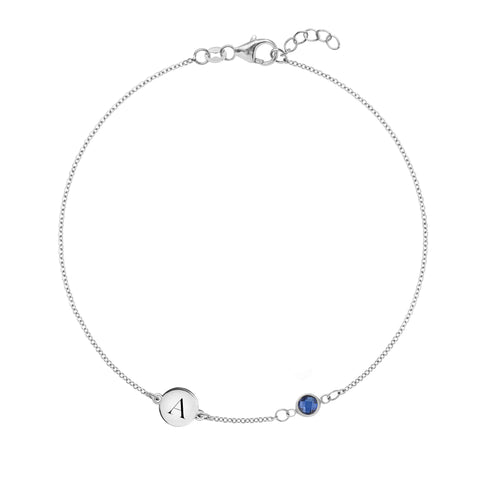 1 Letter & 1 Petite Sapphire Bracelet in 14k Gold (September) - White Gold