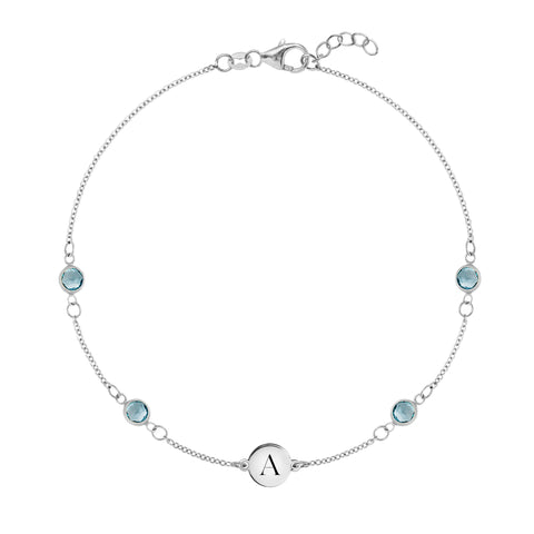 1 Letter & 4 Petite Nantucket Blue Topaz Bracelet in 14k Gold (December) - White Gold