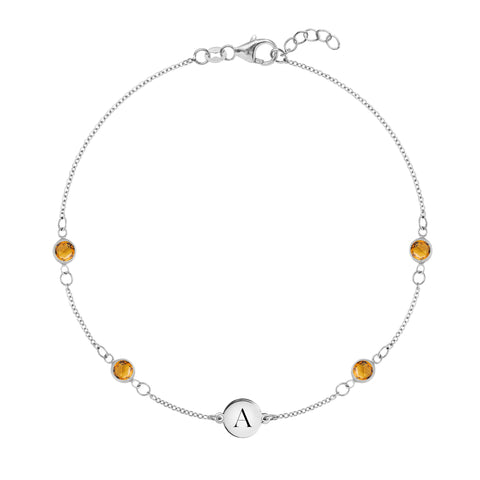 1 Letter & 4 Petite Citrine Bracelet in 14k Gold (November) - White Gold