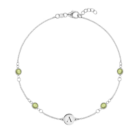 1 Letter & 4 Petite Peridot Bracelet in 14k Gold (August) - White Gold