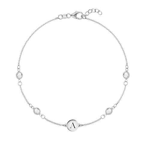 1 Letter & 4 Petite White Topaz Bracelet in 14k Gold (April) - White Gold