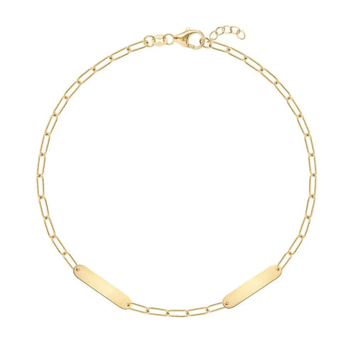 14k yellow gold Adelaide Mini bracelet with two 16.33 x 3.72 mm flat petite engraved Nameplates - front view.