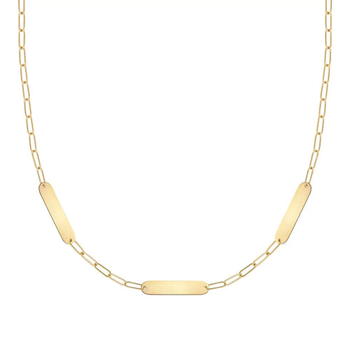 14k yellow gold Adelaide Mini necklace with three blank 16.33x 3.72 mm engravable flat nameplates for personalized names or messages - front view.