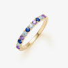 Hope Rosecliff Stackable ring in 14k yellow gold featuring eleven 2mm faceted amethysts, Nantucket blue topaz, and sapphires.