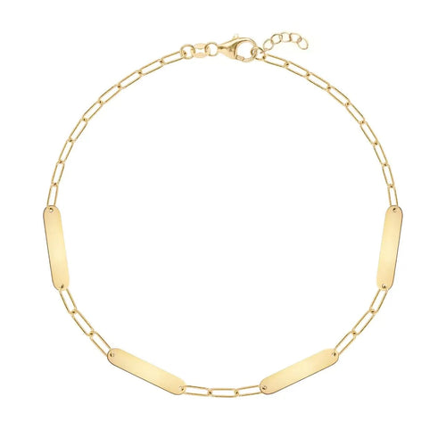 Four unengraved 16.33 x 3.72 mm flat petite nameplates on a 14k yellow gold Adelaide Mini chain bracelet with extender clasp - front view.