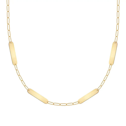 14k yellow gold Adelaide Mini necklace with four 16.33 x 3.72 mm blank engravable nameplates for personalized names or messages - front view.