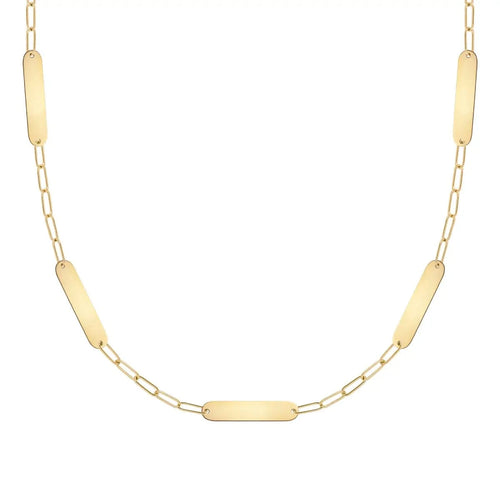 14k yellow gold Adelaide Mini necklace with five 16.33 x 3.72 mm blank engravable nameplates for personalized names or messages - front view.