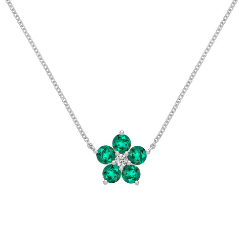 Greenwich Flower Emerald & Diamond Necklace in 14k Gold (May) - White Gold