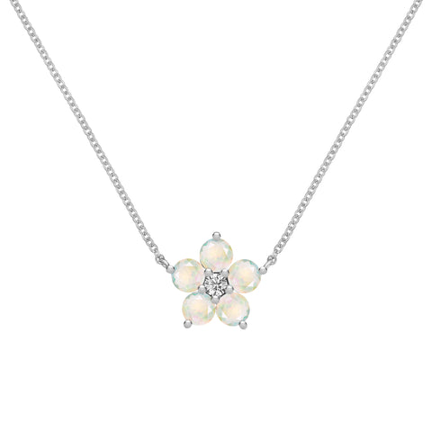 Greenwich Flower Opal & Diamond Necklace in 14k Gold (October) - White Gold