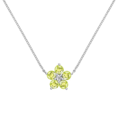 Greenwich Flower Peridot & Diamond Necklace in 14k Gold (August) - White Gold