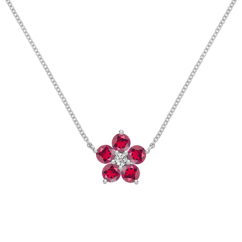 Greenwich Flower Ruby & Diamond Necklace in 14k Gold (July) - White Gold