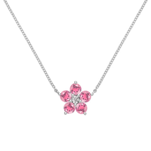 Greenwich Flower Pink Tourmaline & Diamond Necklace in 14k Gold (October) - White Gold