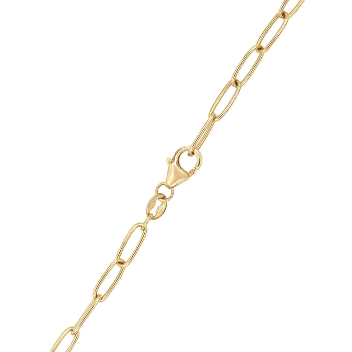14k yellow gold 8.4 x 2.9 mm paperclip chain links with a 8 mm lobster claw clasp