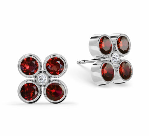 Barrington Quatrefoil Garnet & Diamond Earrings in 14k Gold (January) - White Gold