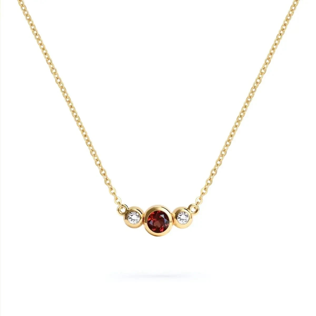 Barrington 3 Stone Necklace featuring a 4 mm round cut Garnet center stone framed by two 2 mm round cut Diamonds bezel set in 14k yellow gold on a saffron chain – front view