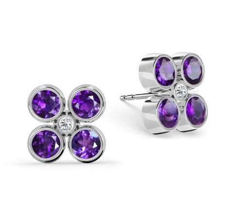 Barrington Quatrefoil Amethyst & Diamond Earrings in 14k Gold (February) - White Gold