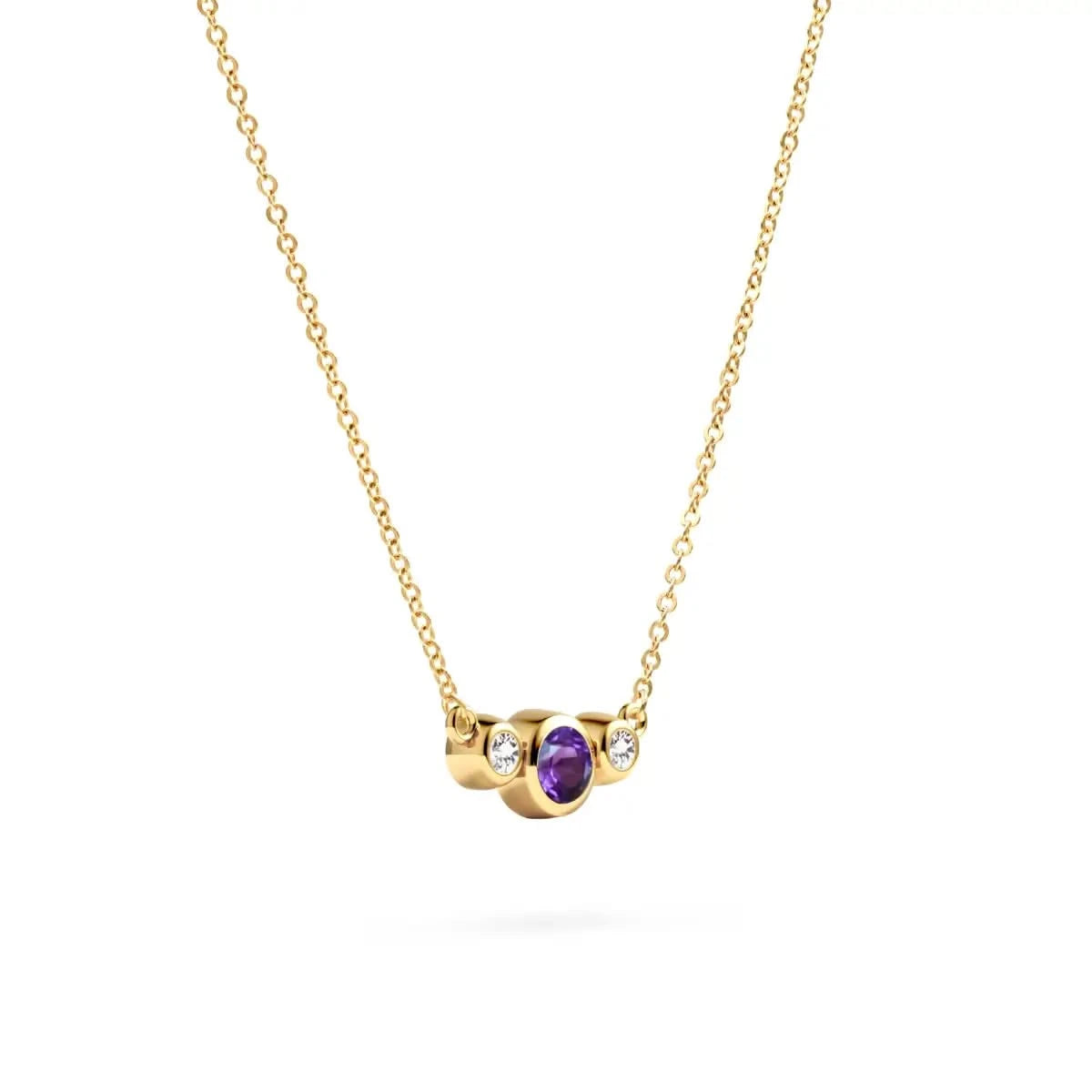 Barrington 3 Stone Necklace with bezel set 4 mm Amethyst and two 2 mm Diamonds in 14k yellow gold on a saffron chain – angled view.