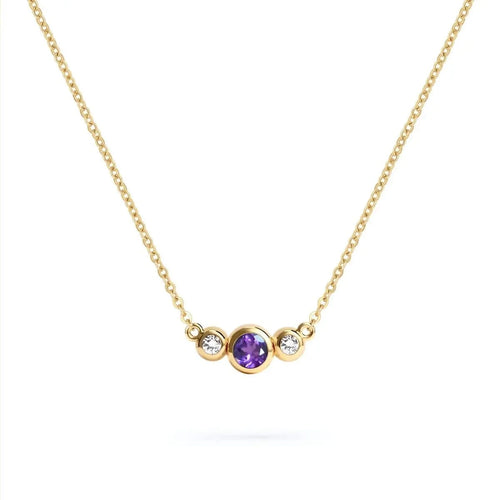 Barrington 3 Stone Necklace featuring a 4 mm round cut Amethyst center stone framed by two 2 mm round cut Diamonds bezel set in 14k yellow gold on a saffron chain – front view.