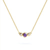 Barrington 3 Stone Necklace featuring a 4 mm round cut Amethyst center stone framed by two 2 mm round cut Diamonds bezel set in 14k yellow gold on a saffron chain – front view.