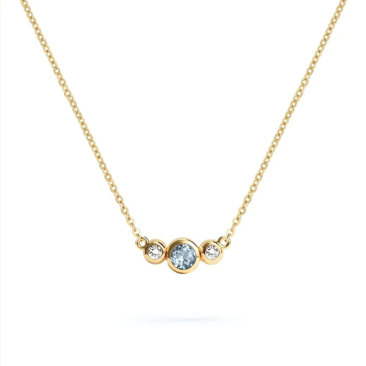 Barrington 3 Stone Necklace featuring a 4 mm round cut Aquamarine center stone framed by two 2 mm round cut Diamonds bezel set in 14k yellow gold on a saffron chain – front view.