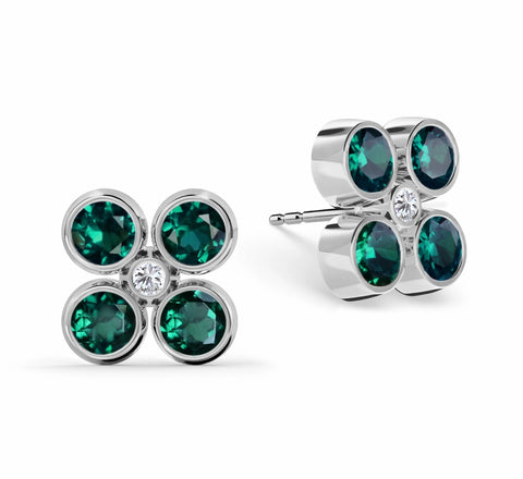 Barrington Quatrefoil Emerald & Diamond Earrings in 14k Gold (May) - White Gold