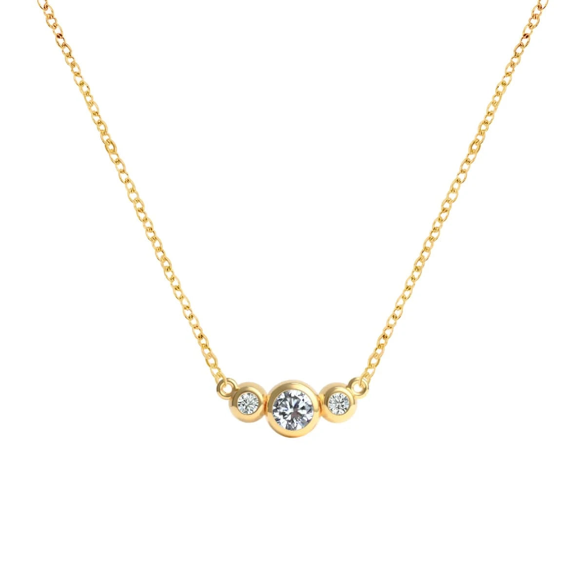 Barrington 3 Stone Necklace featuring a 4 mm round cut Diamond center stone framed by two 2 mm round cut Diamonds bezel set in 14k yellow gold on a saffron chain – front view.