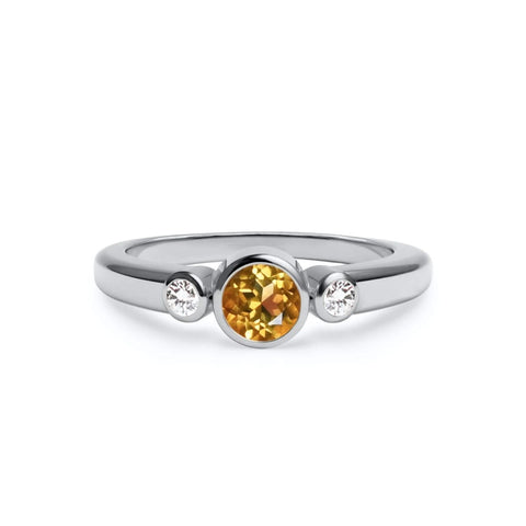 Barrington Citrine Ring with Diamond Side Stones in 14k Gold (November) - White Gold