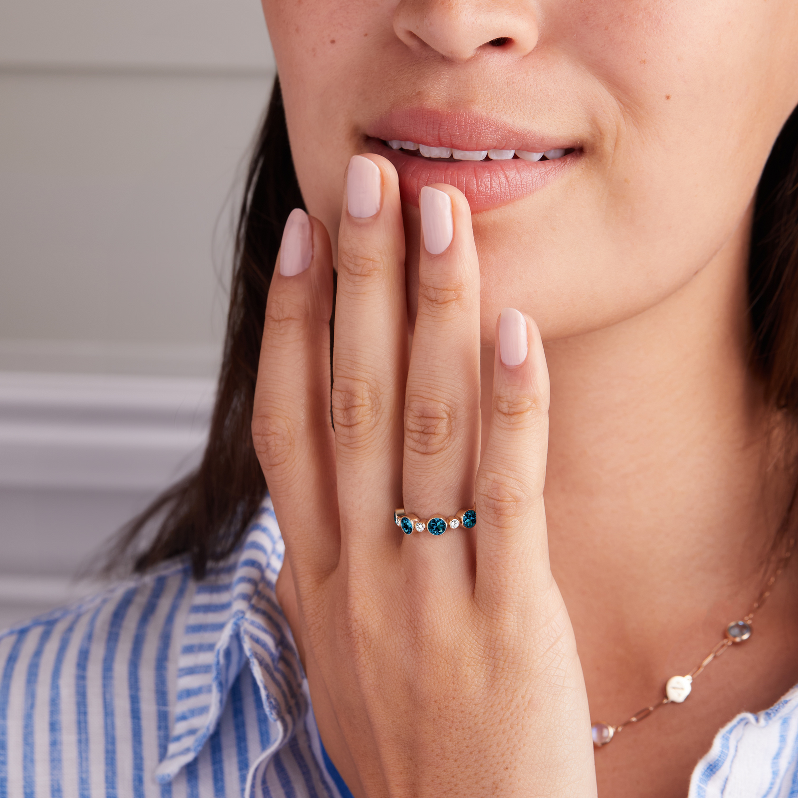 Barrington Atlantic Blue Topaz Band Ring with Diamonds in 14k Gold (December)