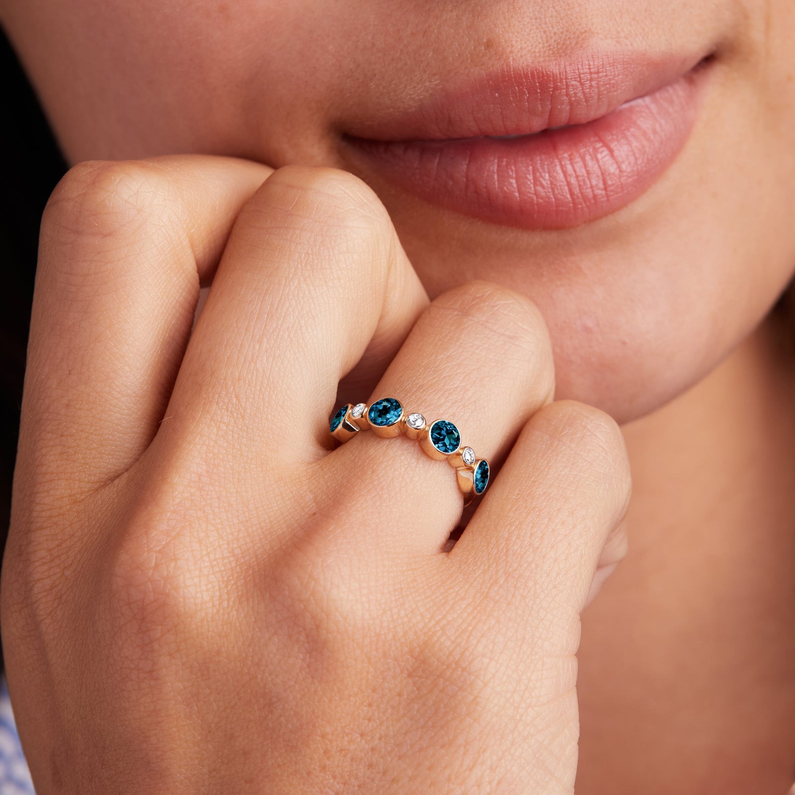 Barrington Atlantic Blue Topaz Band Ring with Diamonds in 14k Gold (December)