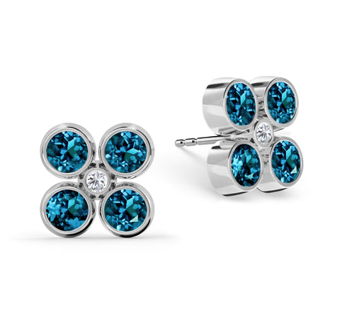 Barrington Quatrefoil Atlantic Blue Topaz & Diamond Earrings in 14k Gold (December) - White Gold