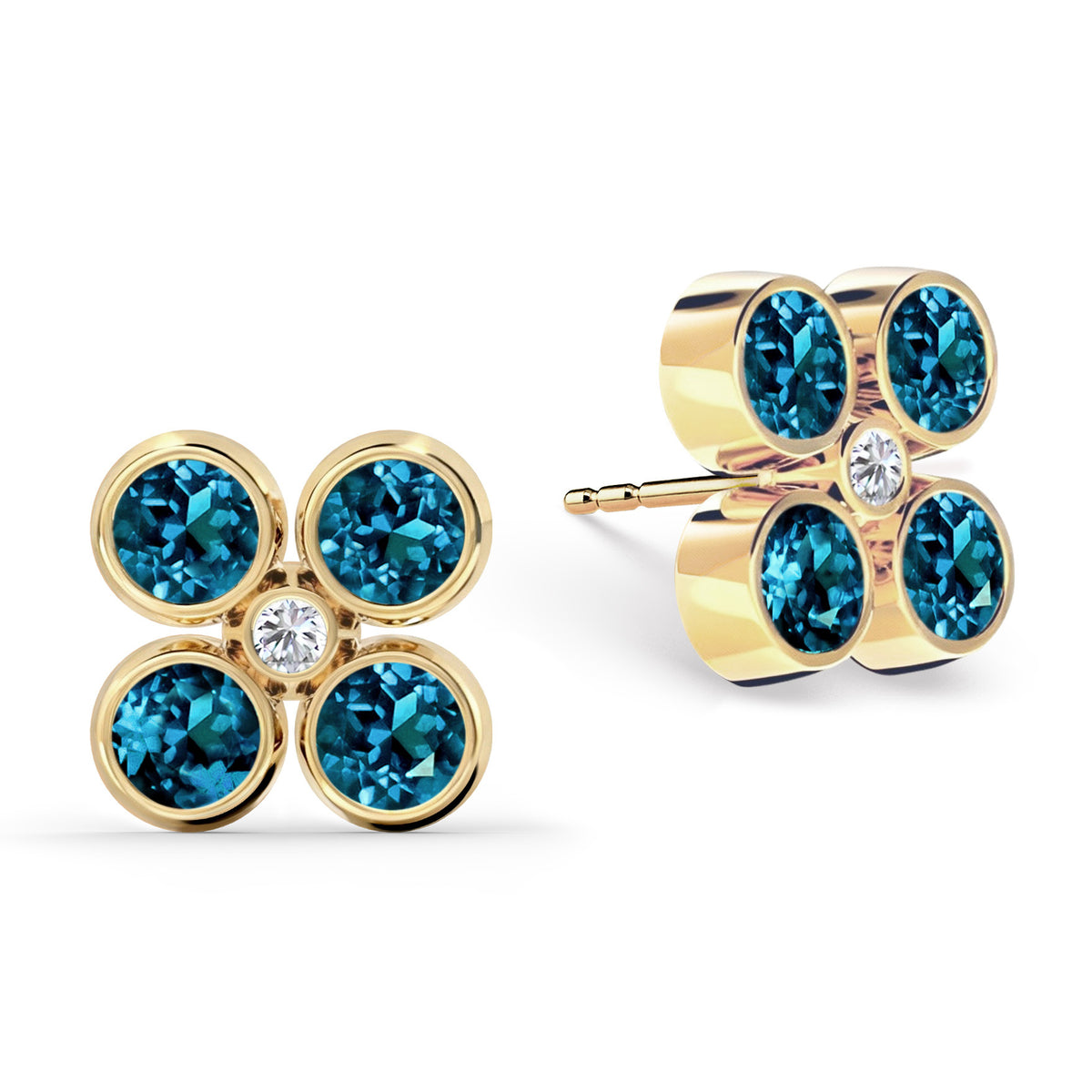 Barrington Quatrefoil Atlantic Blue Topaz & Diamond Earrings in 14k Gold (December)