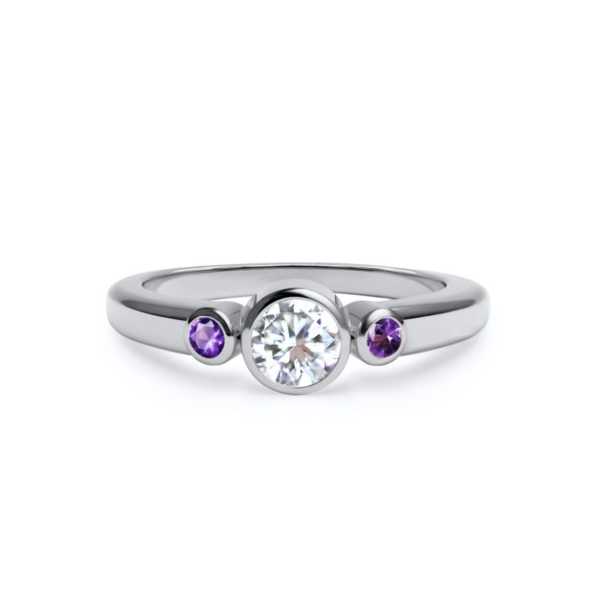 Barrington Diamond Ring with Amethyst Side Stones in 14k Gold (February)